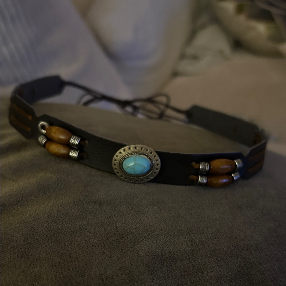 Black Leather Cowboy Hat Band or Choker with Turquoise Accent